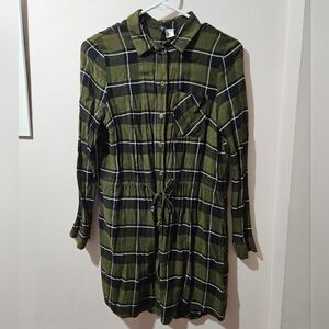 DIVIDED Green checkered dress long sleeves with buttons & waist string Size 4